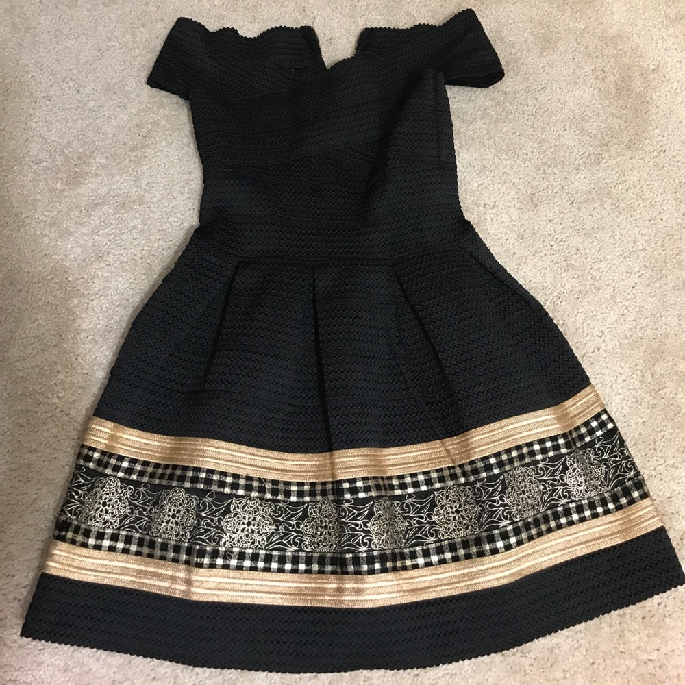 Black and gold cocktail off the shoulder dress